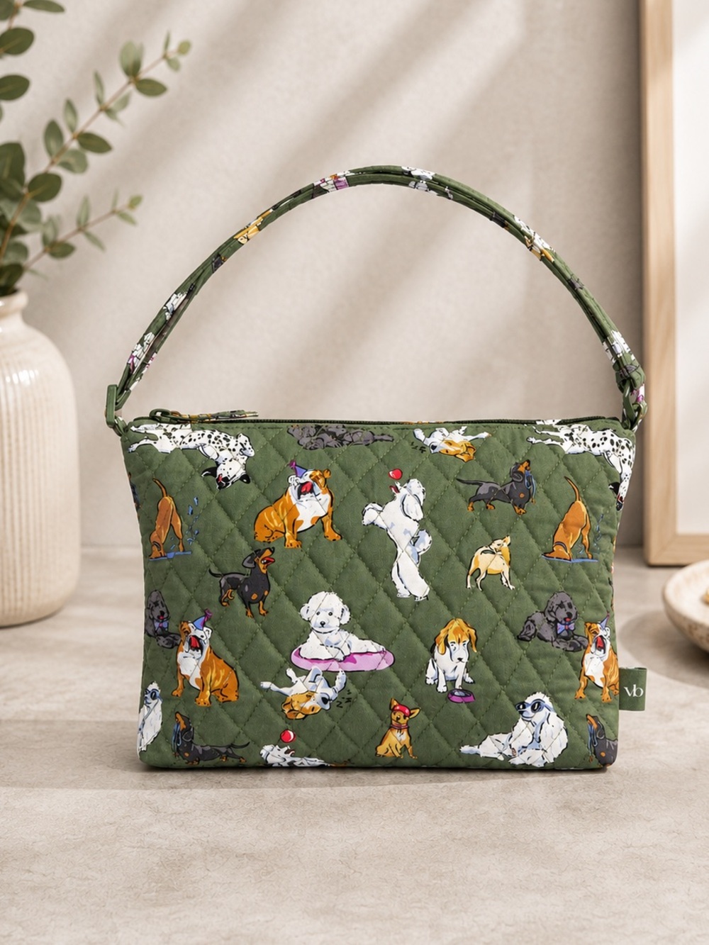 Quilted Olive Dog Print Wristlet Shoulder Bag